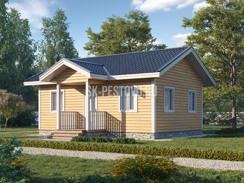 Одноэтажный каркасный дом 8х6 с крыльцом по проекту «КД-69», стоимость строительства от 1065000 руб.