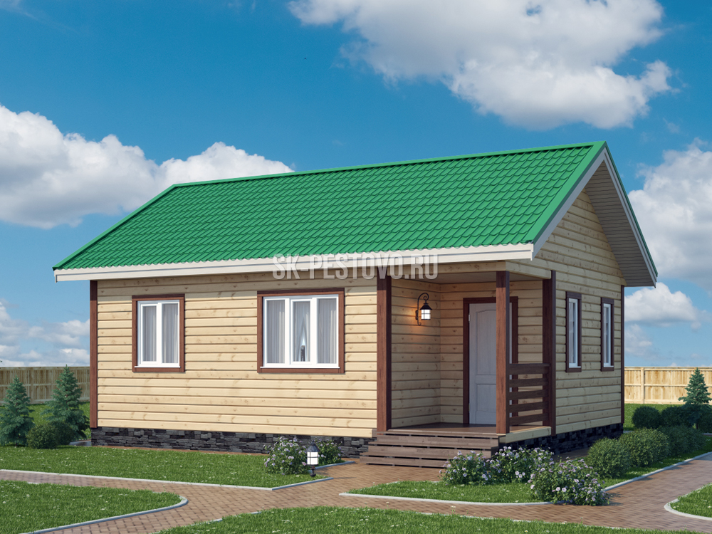 Одноэтажный каркасный дом 8х6 с террасой по проекту «КД-28», стоимость строительства от 1029000 руб.