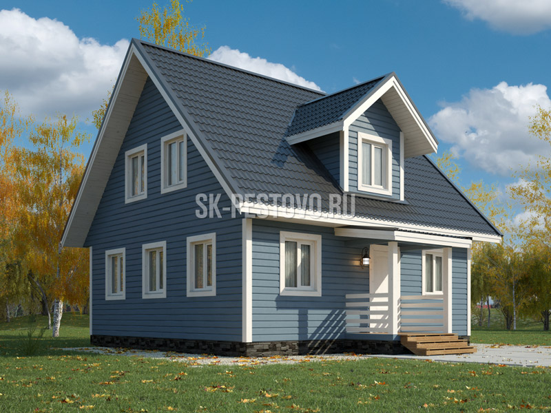 Одноэтажный каркасный дом 8х8 с мансардой, террасой по проекту «КД-45», стоимость строительства от 2136000 руб.
