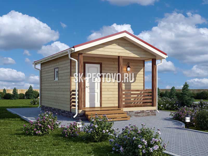 Одноэтажный дом из бруса 6х4 с террасой, крыльцом по проекту «Игорь», стоимость строительства от 392000 руб.