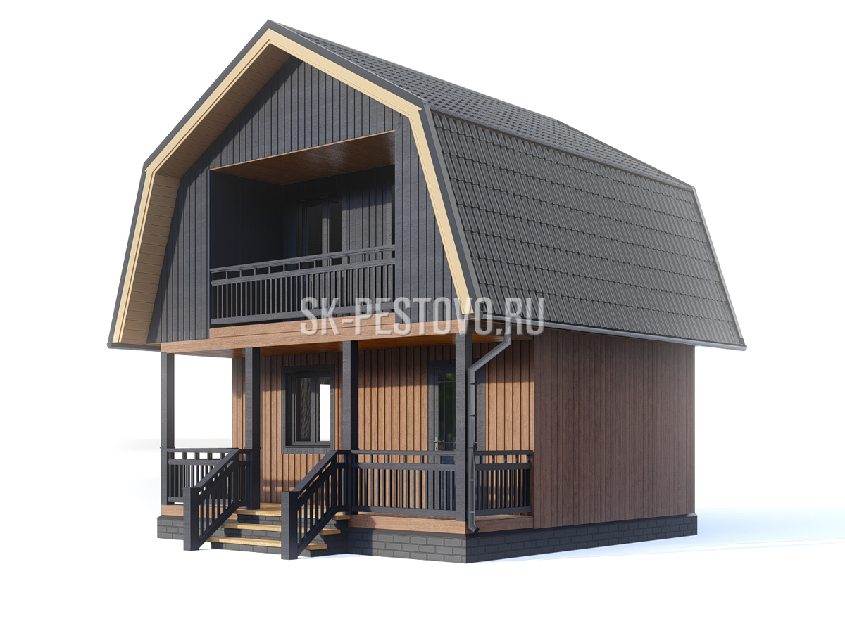 Каркасный дом 6 на 6 с мансардой (ломаная крыша), террасой и балконом: проект, комплектация, стоимость строительства