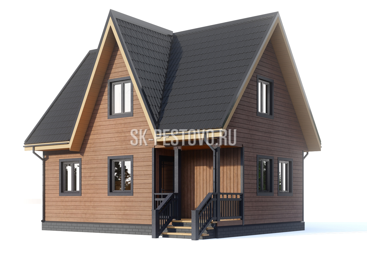 Одноэтажный каркасный дом 8х6 с мансардой, террасой, дормером по проекту «КД-34», стоимость строительства от 1432000 руб.