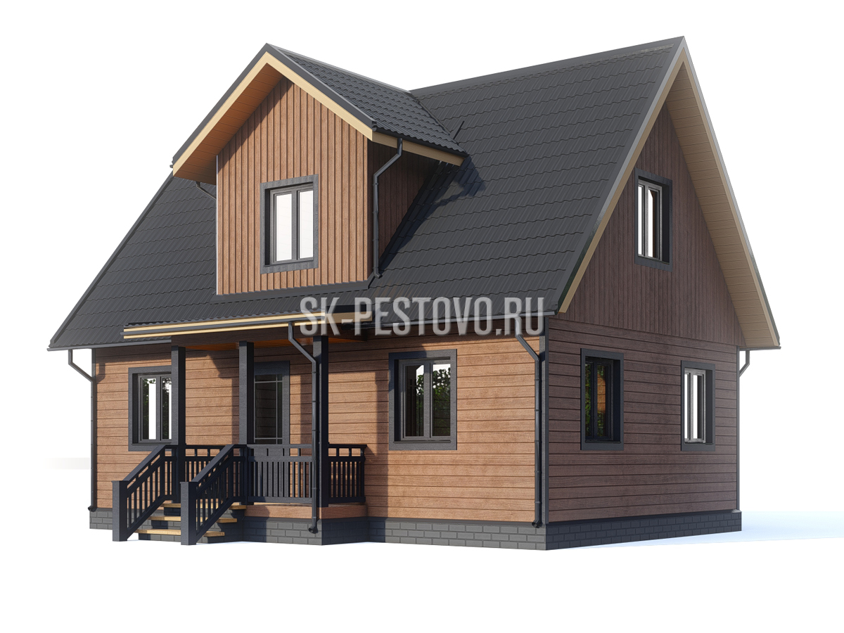 Одноэтажный каркасный дом 9х6 с мансардой, террасой, дормером по проекту «КД-39», стоимость строительства от 1775000 руб.