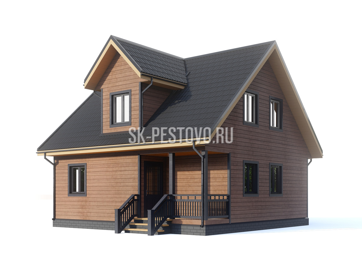Одноэтажный каркасный дом 8х8 с мансардой, террасой по проекту «КД-48», стоимость строительства от 2215000 руб.