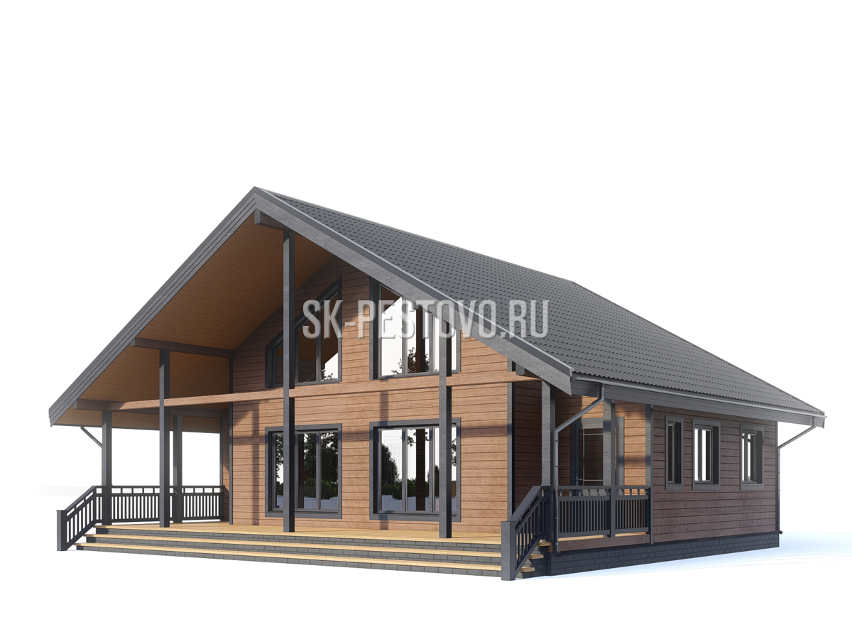 Полутораэтажный каркасный дом 11,5х10 с террасой по проекту «КД-60», стоимость строительства от 2660000 руб.