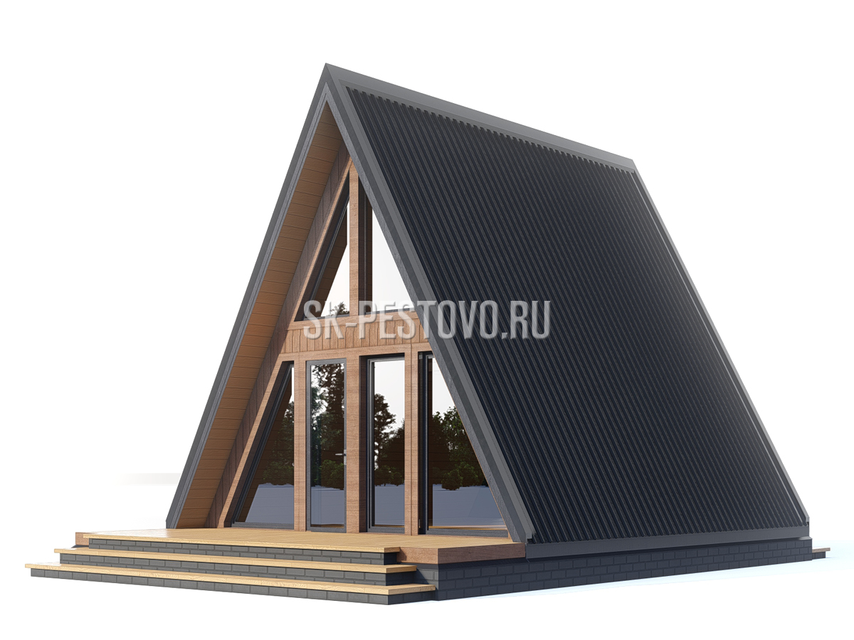 Каркасный дом-шалаш (a-frame house) 8х6 с мансардой и террасой по проекту «КД-81»