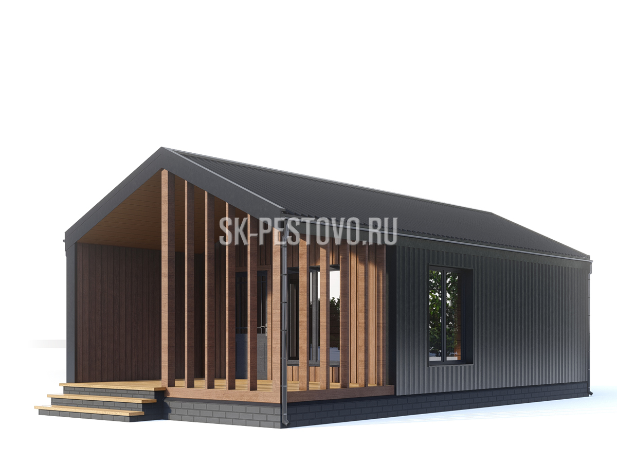 Одноэтажный каркасный дом 9,8х4,8 с террасой по проекту «КД-87», стоимость строительства от 940000 руб.