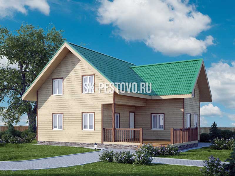 Полутораэтажный дом из бруса 10х9 с террасой по проекту «Тимур», стоимость строительства от 1627000 руб.